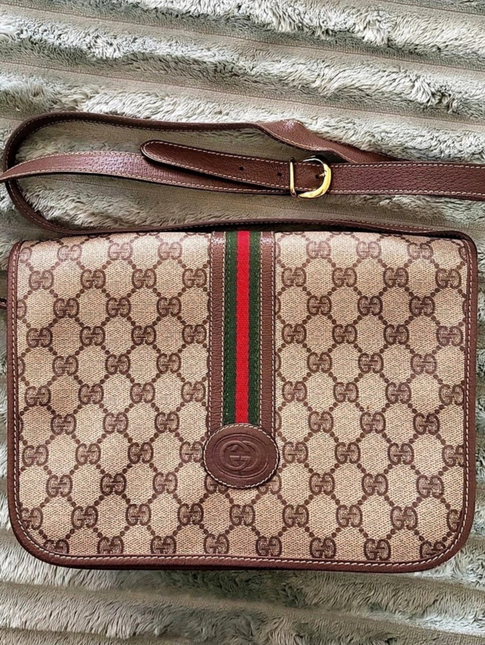 Gucci Vintage GG Supreme Web Flap Shoulder Bag Brown & Beige